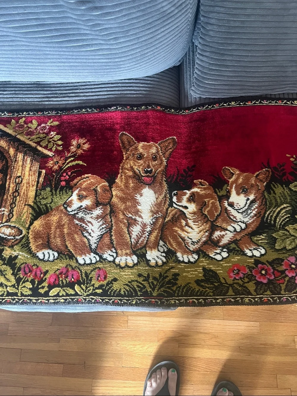 Vintage  Corgi Tapestry Runner with Dog Family on Red Background